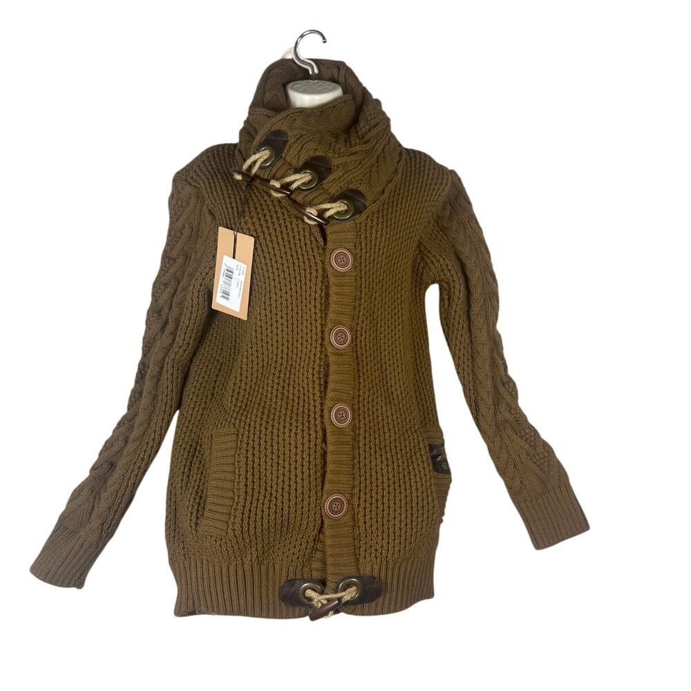 Leif Nelson Womens Cardigan Sweater Size L Large Camel High Neck Toggle NWT